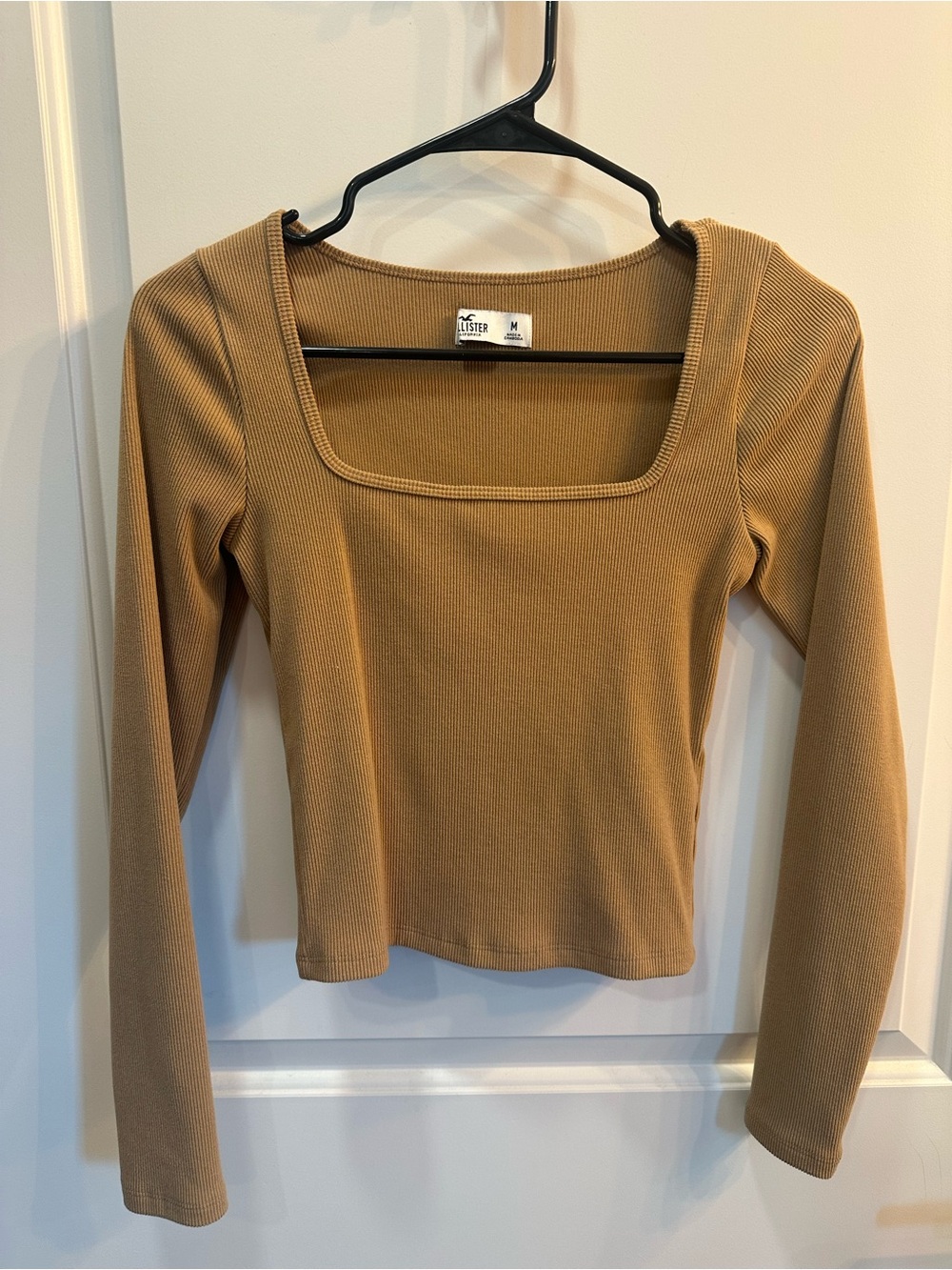 Hollister Ribbed Square Neck Long Sleeve Top - Camel Brown